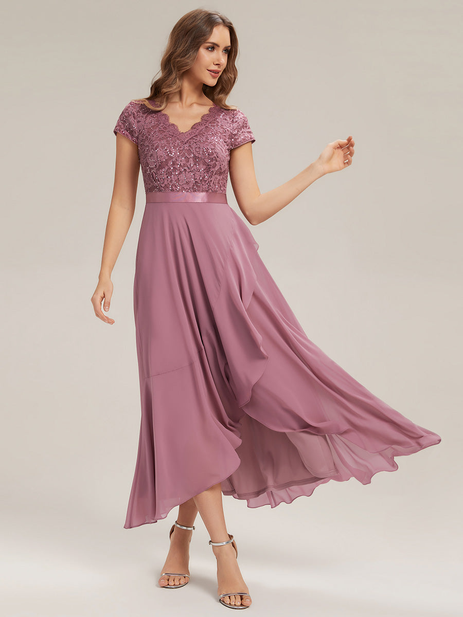 Asymmetrischer Saum, tiefer V-Ausschnitt, Chiffon-Kleid mit Rüschen-Patchwork – Hoch-Tief-Kleid #Farbe_Orchideenviolett
