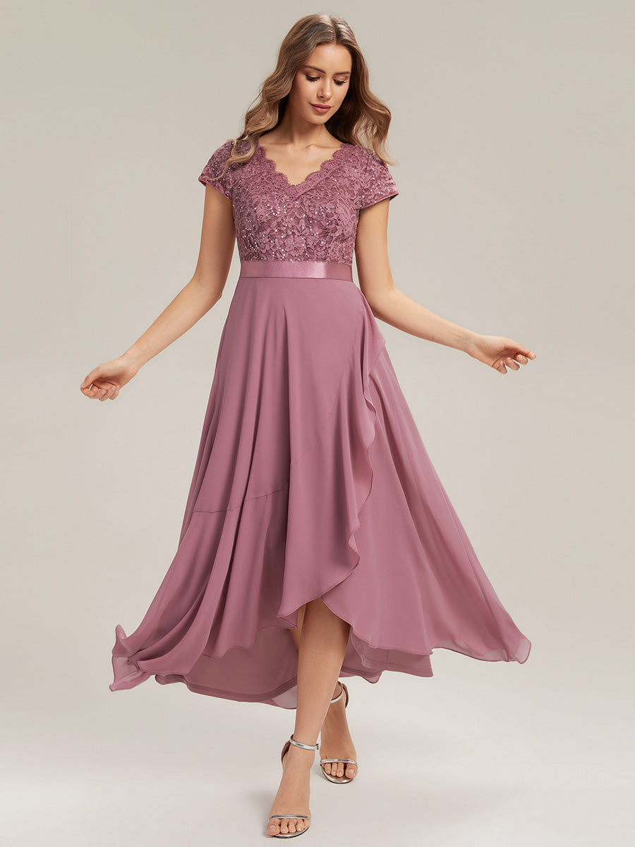 Asymmetrischer Saum, tiefer V-Ausschnitt, Chiffon-Kleid mit Rüschen-Patchwork – Hoch-Tief-Kleid #Farbe_Orchideenviolett