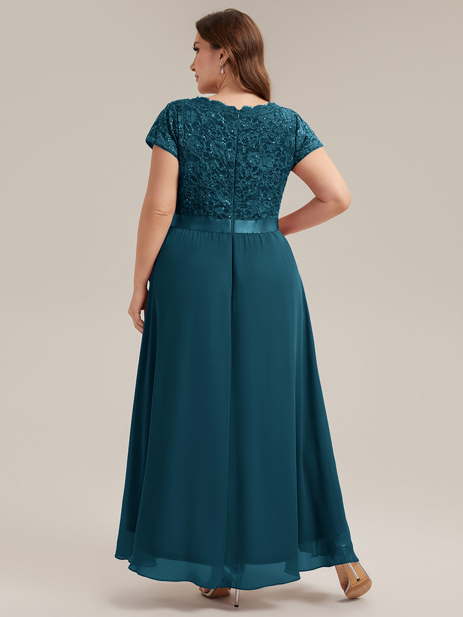 Asymmetrischer Saum, tiefer V-Ausschnitt, Chiffon-Kleid mit Rüschen-Patchwork – Hoch-Tief-Kleid #Farbe_Petrol