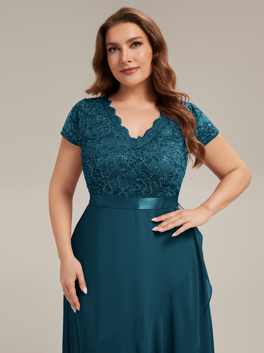 Asymmetrischer Saum, tiefer V-Ausschnitt, Chiffon-Kleid mit Rüschen-Patchwork – Hoch-Tief-Kleid #Farbe_Petrol