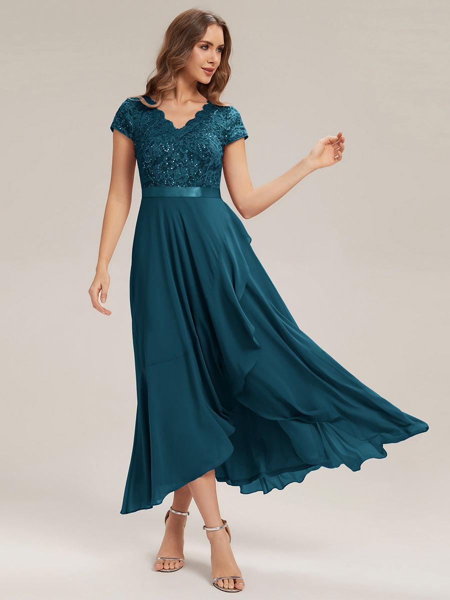 Asymmetrischer Saum, tiefer V-Ausschnitt, Chiffon-Kleid mit Rüschen-Patchwork – Hoch-Tief-Kleid #Farbe_Petrol
