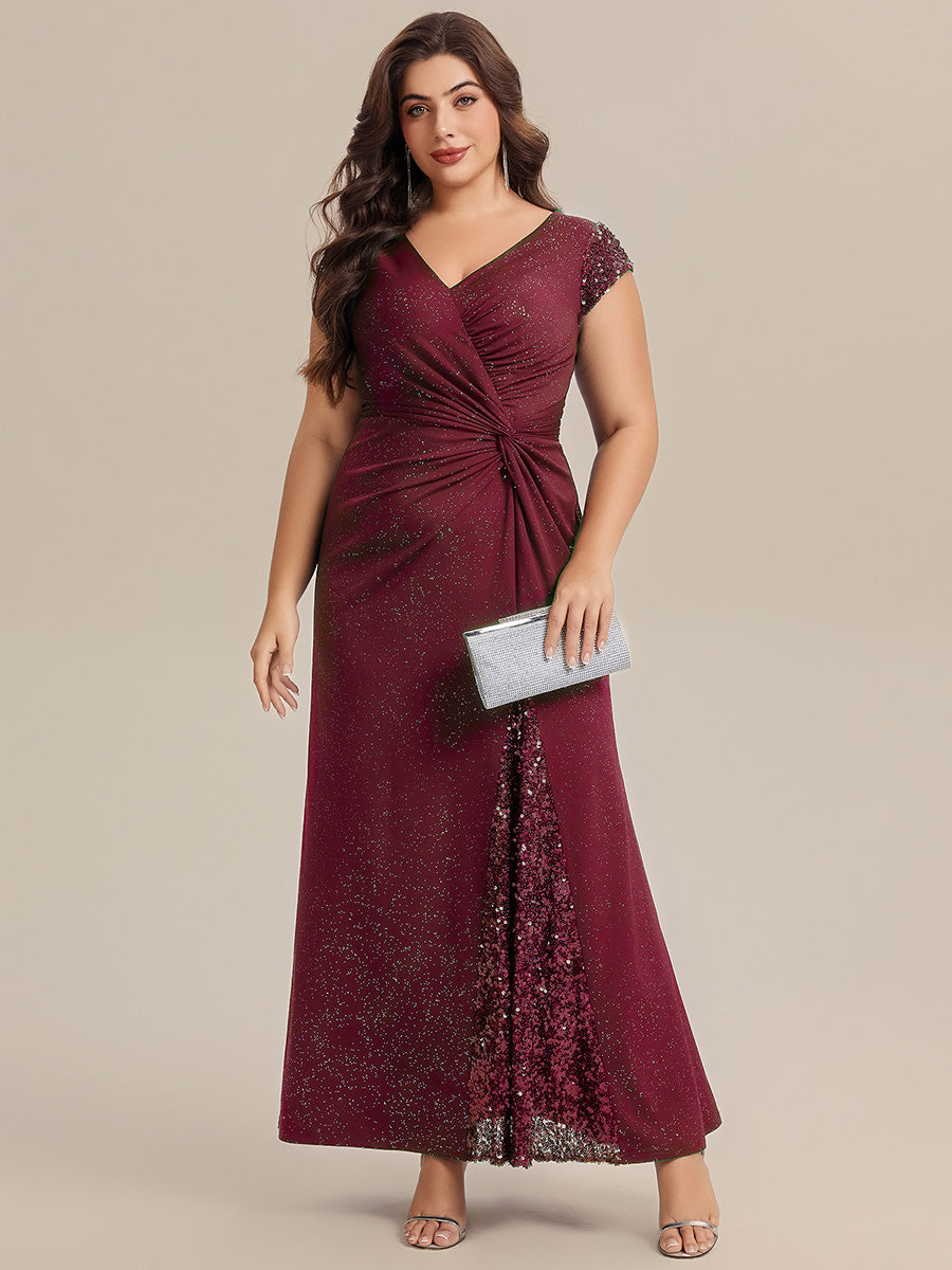 Bodenlanger V-Ausschnitt Bodycon Strickkleid Mit Geknotetem Pailletten Patchwork Glitzer Details Kleid #Farbe_Burgunderrot
