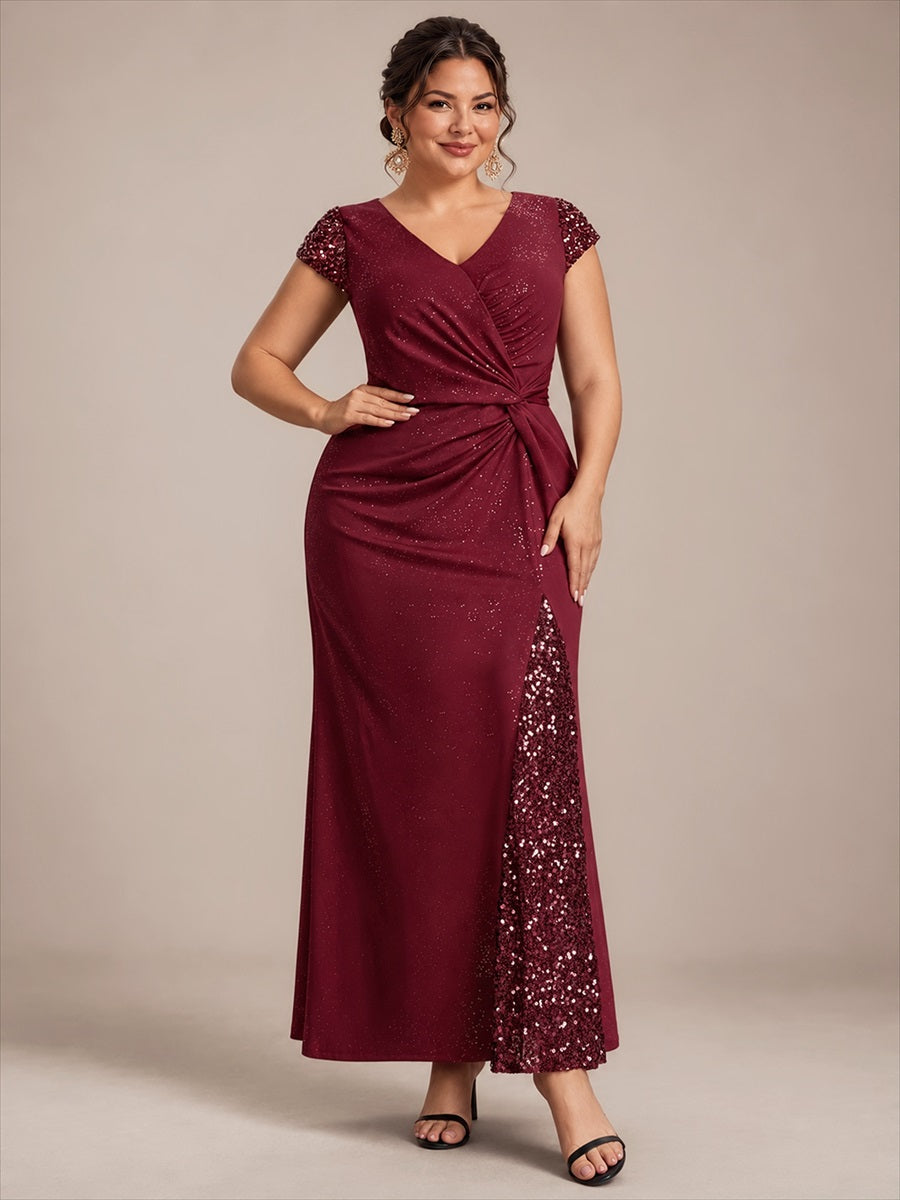 Bodenlanger V-Ausschnitt Bodycon Strickkleid Mit Geknotetem Pailletten Patchwork Glitzer Details Kleid #Farbe_Burgunderrot