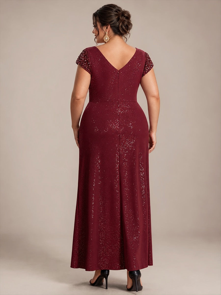 Bodenlanger V-Ausschnitt Bodycon Strickkleid Mit Geknotetem Pailletten Patchwork Glitzer Details Kleid #Farbe_Burgunderrot