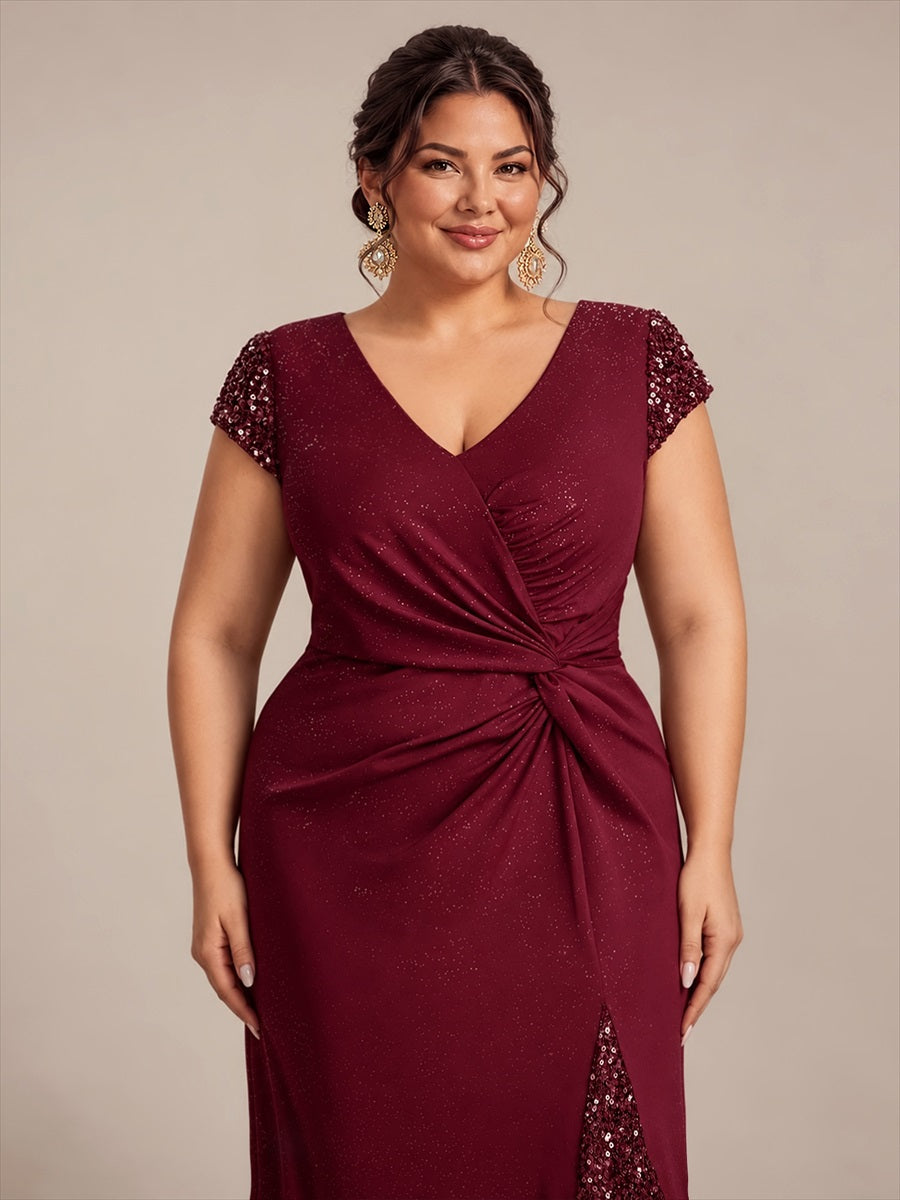 Bodenlanger V-Ausschnitt Bodycon Strickkleid Mit Geknotetem Pailletten Patchwork Glitzer Details Kleid #Farbe_Burgunderrot