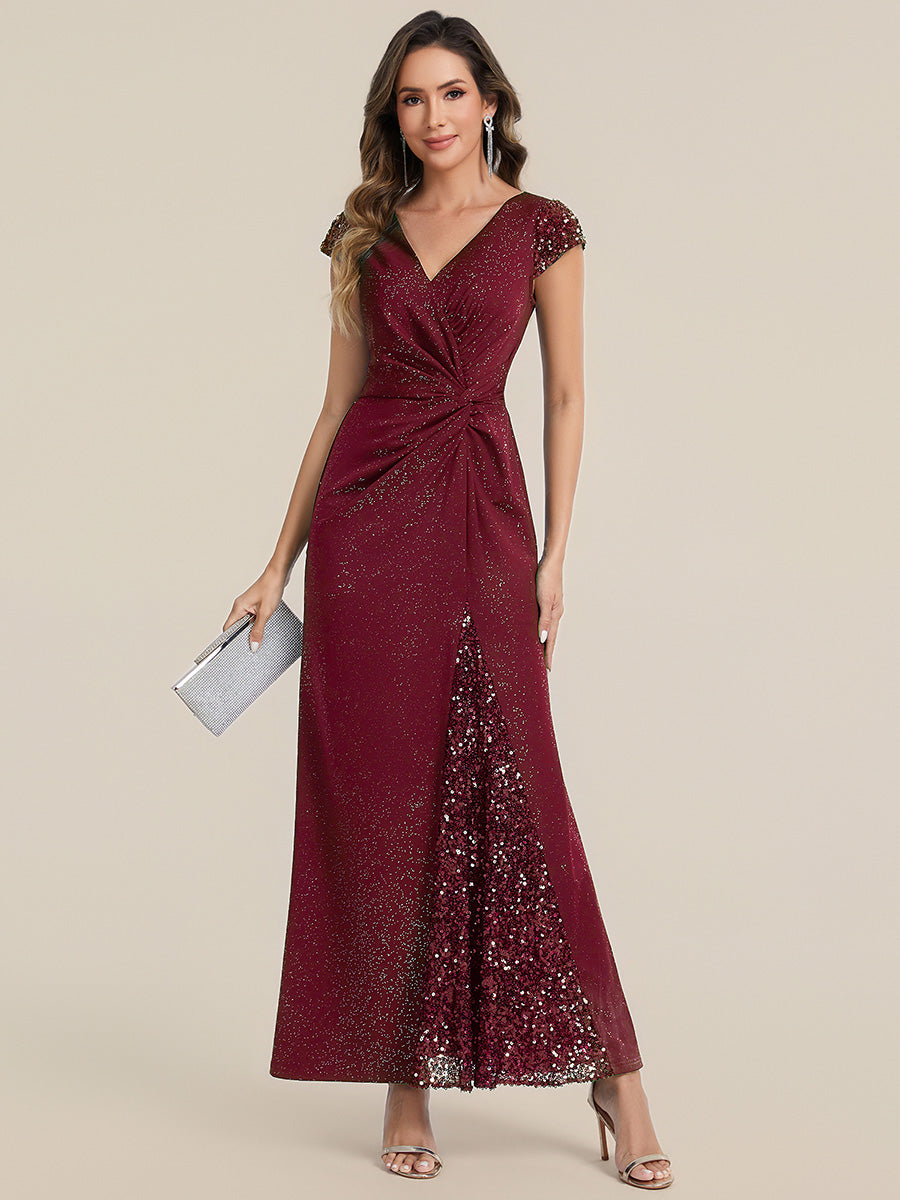 Bodenlanger V-Ausschnitt Bodycon Strickkleid Mit Geknotetem Pailletten Patchwork Glitzer Details Kleid #Farbe_Burgunderrot