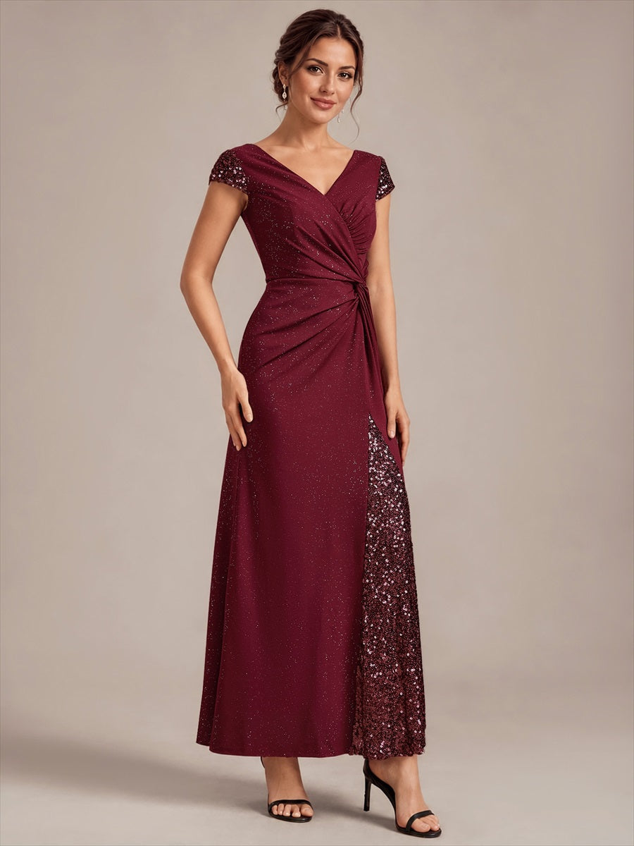 Bodenlanger V-Ausschnitt Bodycon Strickkleid Mit Geknotetem Pailletten Patchwork Glitzer Details Kleid #Farbe_Burgunderrot
