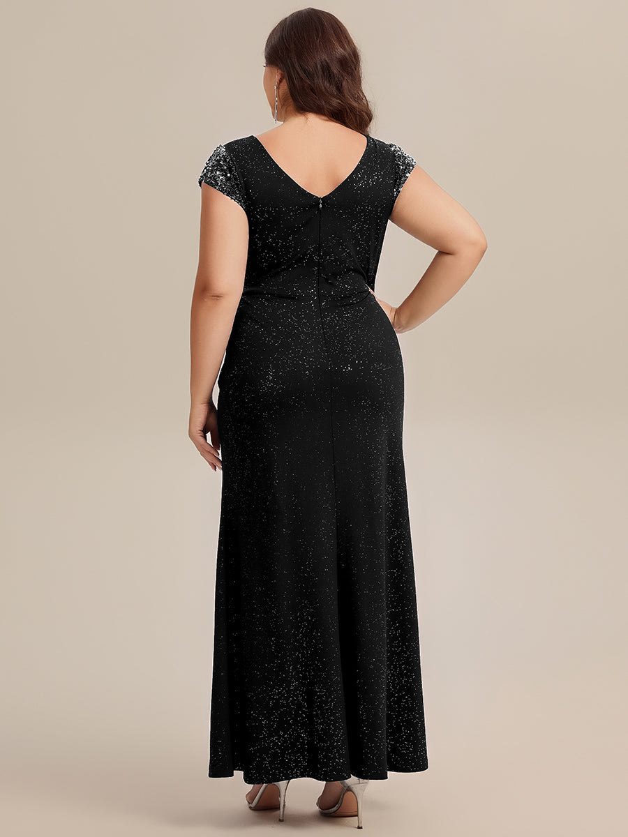 Bodenlanger V-Ausschnitt Bodycon Strickkleid Mit Geknotetem Pailletten Patchwork Glitzer Details Kleid #Farbe_Schwarz