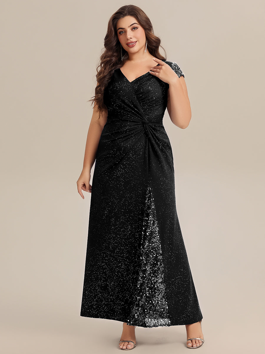 Bodenlanger V-Ausschnitt Bodycon Strickkleid Mit Geknotetem Pailletten Patchwork Glitzer Details Kleid #Farbe_Schwarz