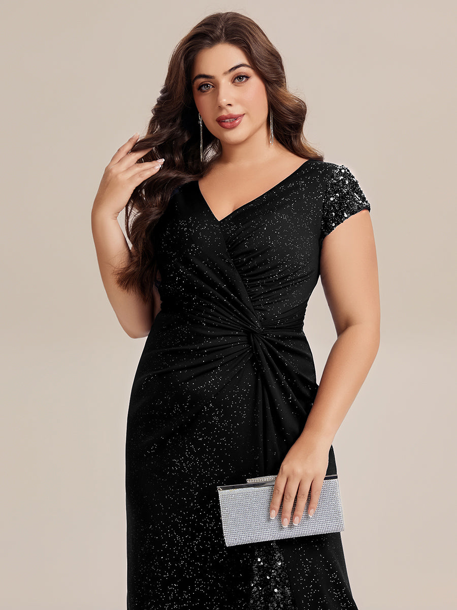 Bodenlanger V-Ausschnitt Bodycon Strickkleid Mit Geknotetem Pailletten Patchwork Glitzer Details Kleid #Farbe_Schwarz