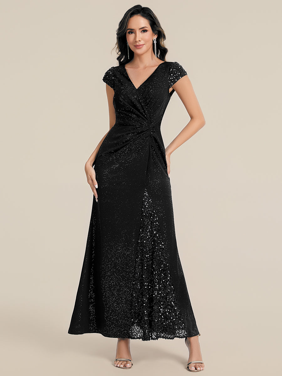 Bodenlanger V-Ausschnitt Bodycon Strickkleid Mit Geknotetem Pailletten Patchwork Glitzer Details Kleid #Farbe_Schwarz