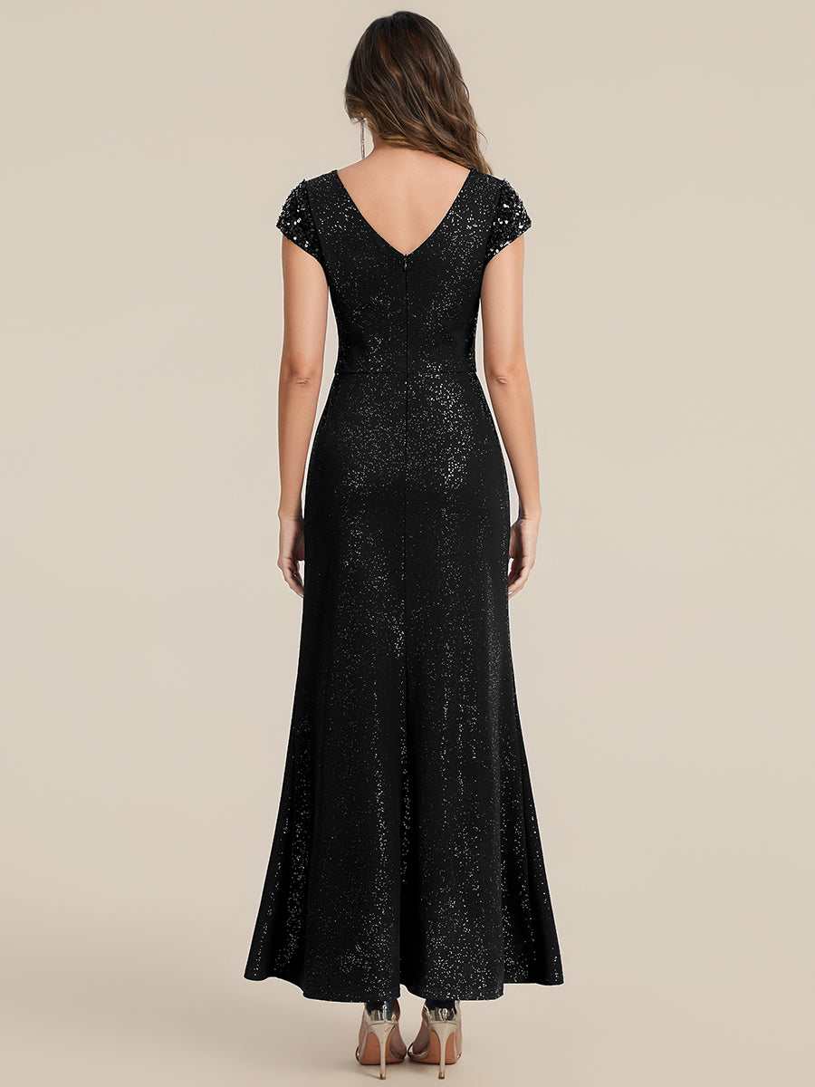 Bodenlanger V-Ausschnitt Bodycon Strickkleid Mit Geknotetem Pailletten Patchwork Glitzer Details Kleid #Farbe_Schwarz