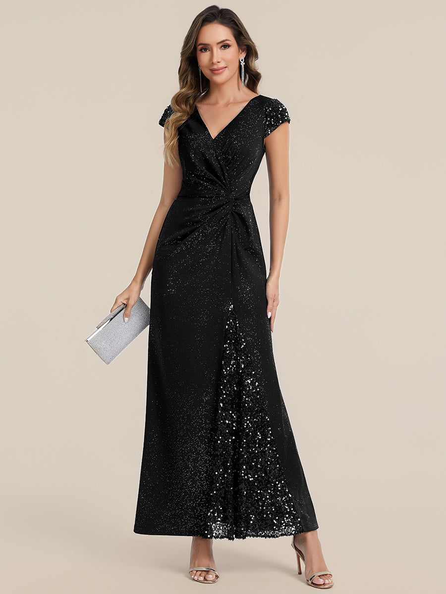 Bodenlanger V-Ausschnitt Bodycon Strickkleid Mit Geknotetem Pailletten Patchwork Glitzer Details Kleid #Farbe_Schwarz