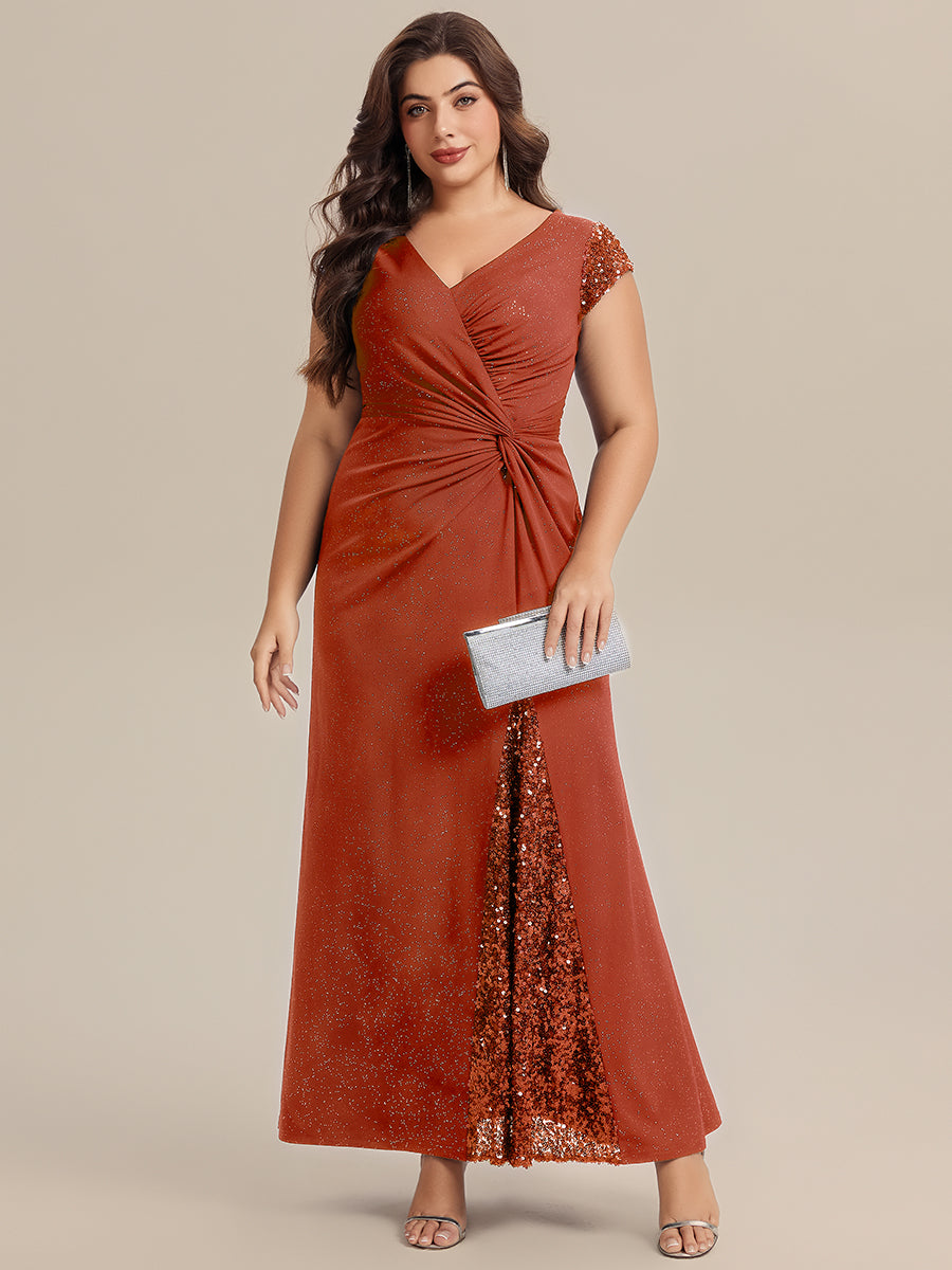 Bodenlanger V-Ausschnitt Bodycon Strickkleid Mit Geknotetem Pailletten Patchwork Glitzer Details Kleid #Farbe_Gebranntes Orange