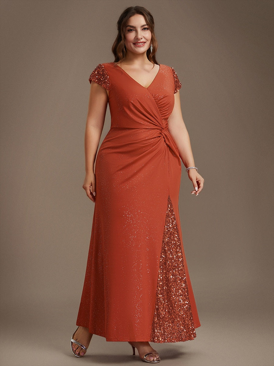 Bodenlanger V-Ausschnitt Bodycon Strickkleid Mit Geknotetem Pailletten Patchwork Glitzer Details Kleid #Farbe_Gebranntes Orange