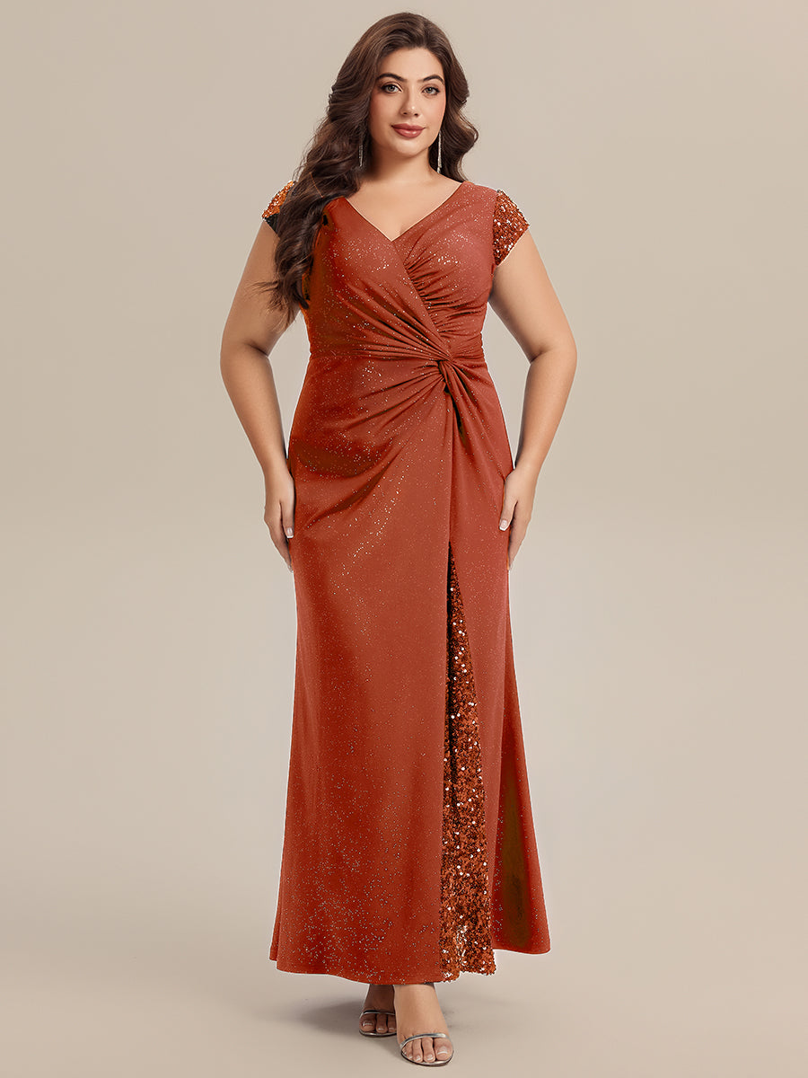 Bodenlanger V-Ausschnitt Bodycon Strickkleid Mit Geknotetem Pailletten Patchwork Glitzer Details Kleid #Farbe_Gebranntes Orange