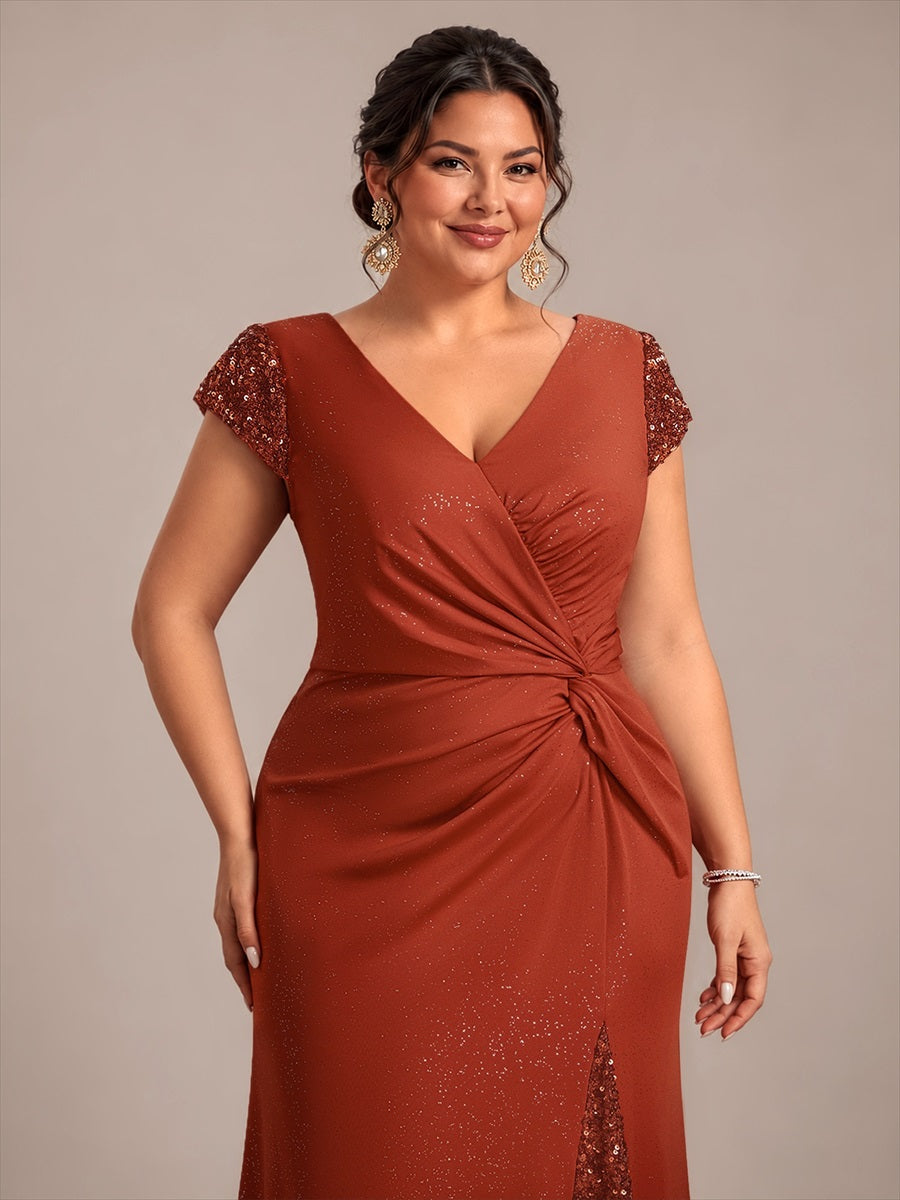 Bodenlanger V-Ausschnitt Bodycon Strickkleid Mit Geknotetem Pailletten Patchwork Glitzer Details Kleid #Farbe_Gebranntes Orange