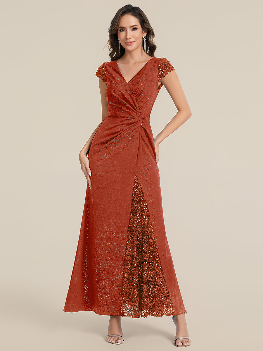 Bodenlanger V-Ausschnitt Bodycon Strickkleid Mit Geknotetem Pailletten Patchwork Glitzer Details Kleid #Farbe_Gebranntes Orange