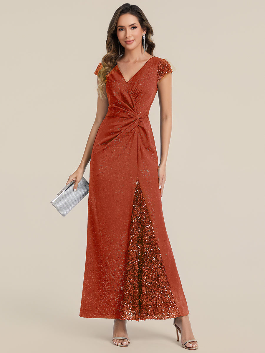 Bodenlanger V-Ausschnitt Bodycon Strickkleid Mit Geknotetem Pailletten Patchwork Glitzer Details Kleid #Farbe_Gebranntes Orange