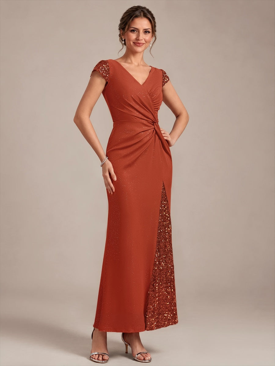 Bodenlanger V-Ausschnitt Bodycon Strickkleid Mit Geknotetem Pailletten Patchwork Glitzer Details Kleid #Farbe_Gebranntes Orange