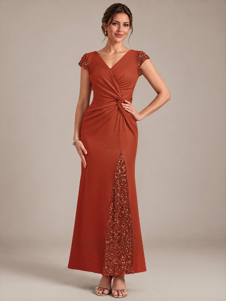 Bodenlanger V-Ausschnitt Bodycon Strickkleid Mit Geknotetem Pailletten Patchwork Glitzer Details Kleid #Farbe_Gebranntes Orange