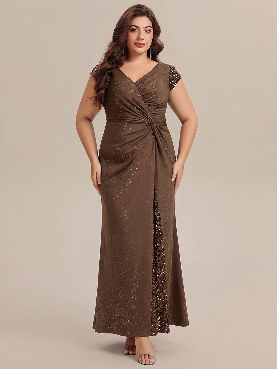 Bodenlanger V-Ausschnitt Bodycon Strickkleid Mit Geknotetem Pailletten Patchwork Glitzer Details Kleid #Farbe_Kaffee