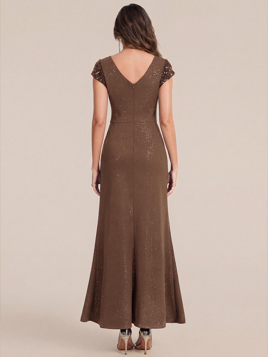 Bodenlanger V-Ausschnitt Bodycon Strickkleid Mit Geknotetem Pailletten Patchwork Glitzer Details Kleid #Farbe_Kaffee