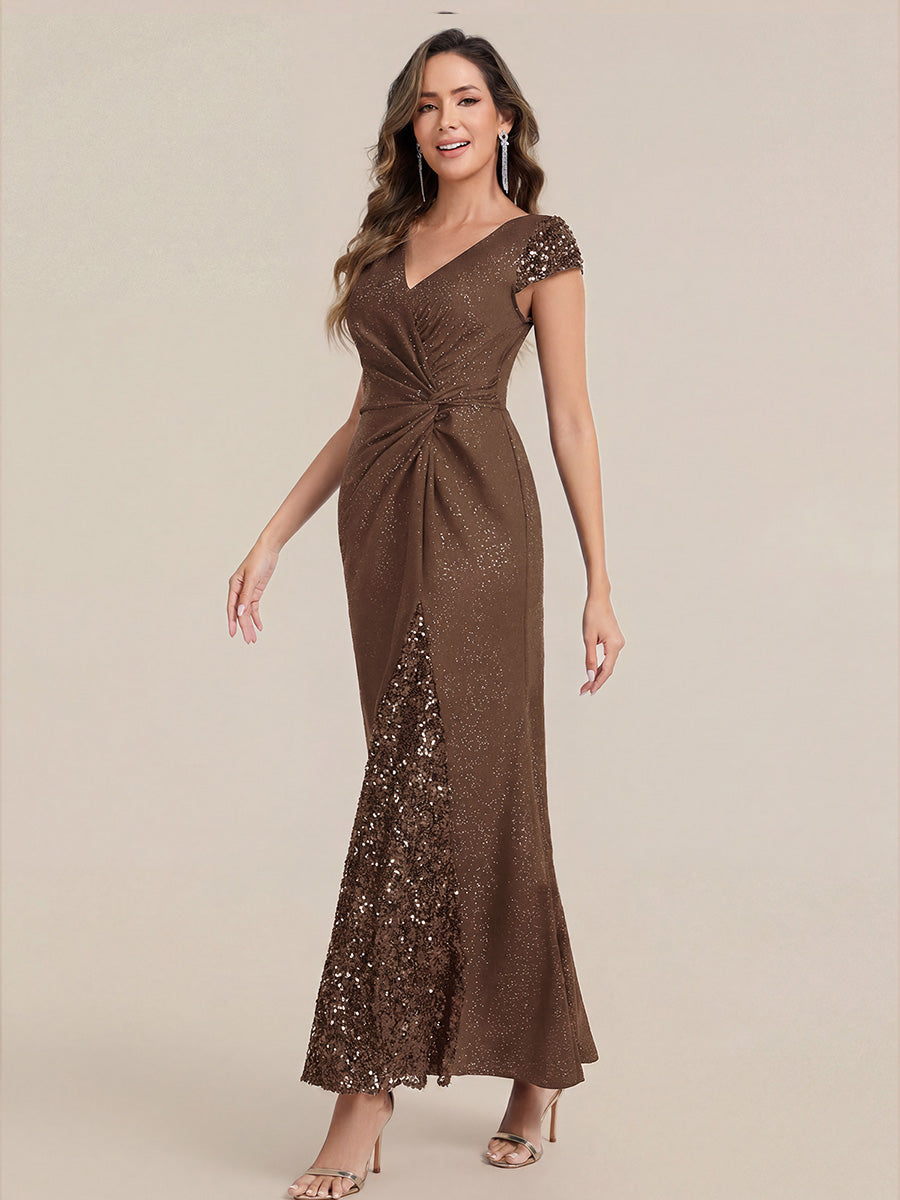 Bodenlanger V-Ausschnitt Bodycon Strickkleid Mit Geknotetem Pailletten Patchwork Glitzer Details Kleid #Farbe_Kaffee