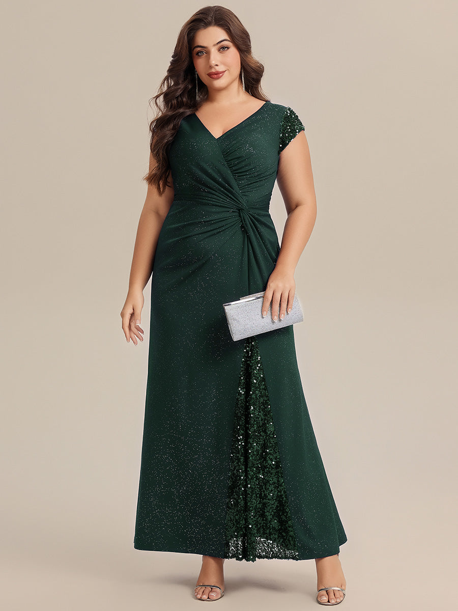 Bodenlanger V-Ausschnitt Bodycon Strickkleid Mit Geknotetem Pailletten Patchwork Glitzer Details Kleid #Farbe_Dunkelgrün