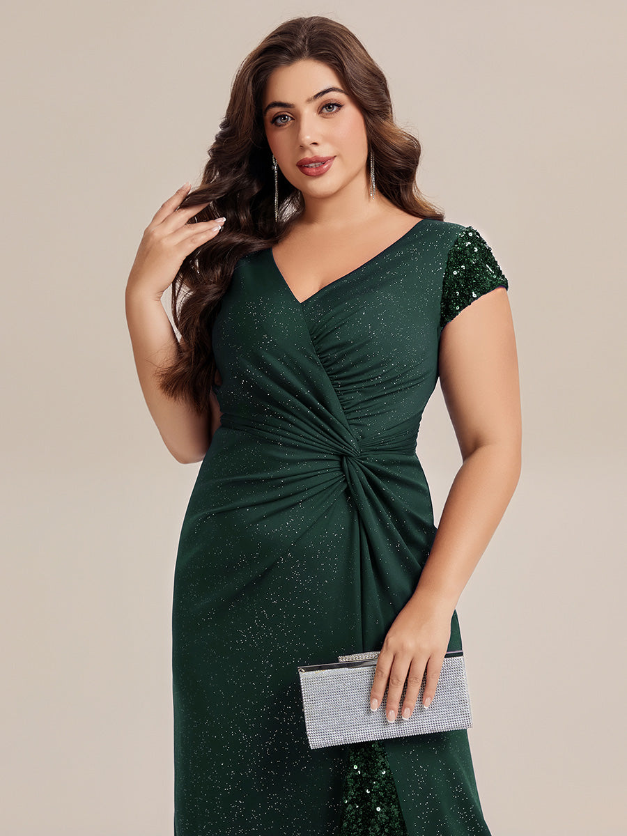 Bodenlanger V-Ausschnitt Bodycon Strickkleid Mit Geknotetem Pailletten Patchwork Glitzer Details Kleid #Farbe_Dunkelgrün