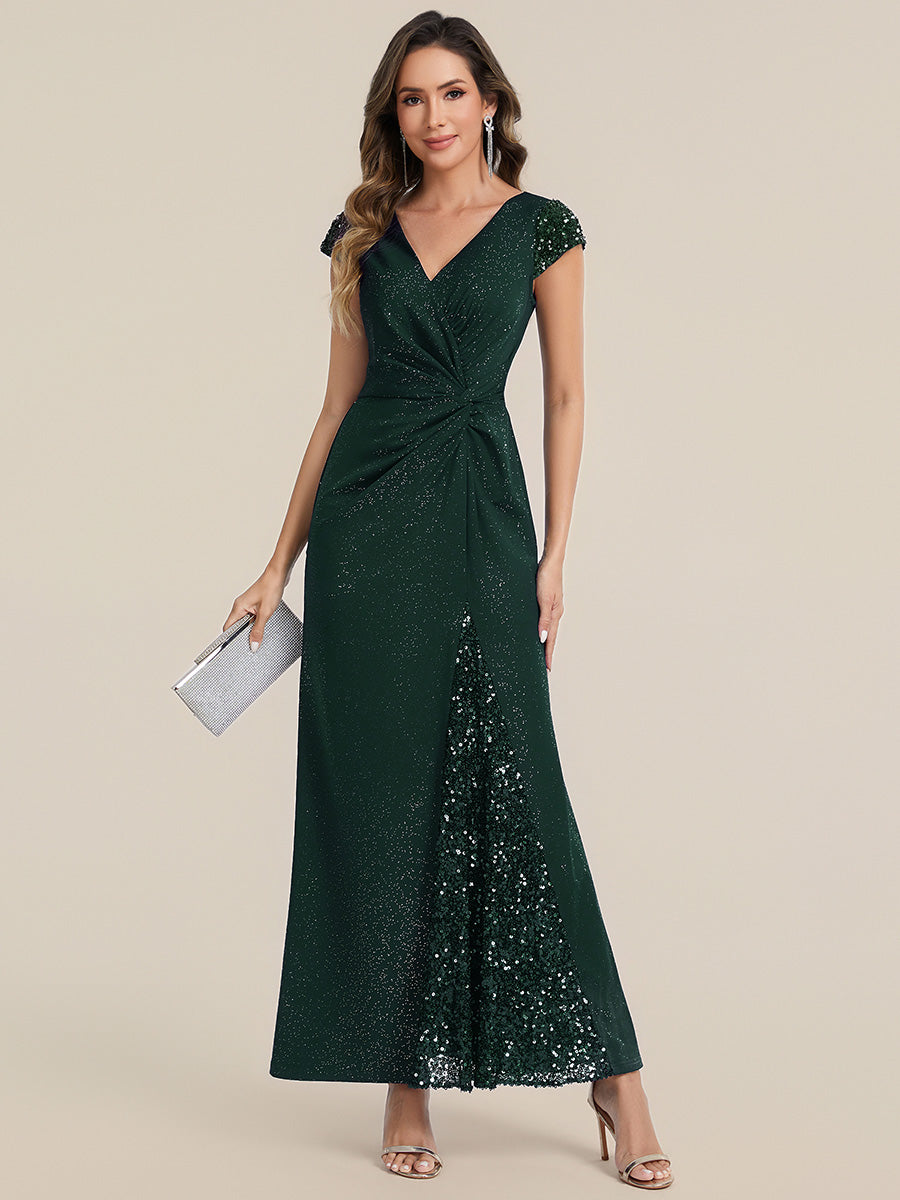 Bodenlanger V-Ausschnitt Bodycon Strickkleid Mit Geknotetem Pailletten Patchwork Glitzer Details Kleid #Farbe_Dunkelgrün