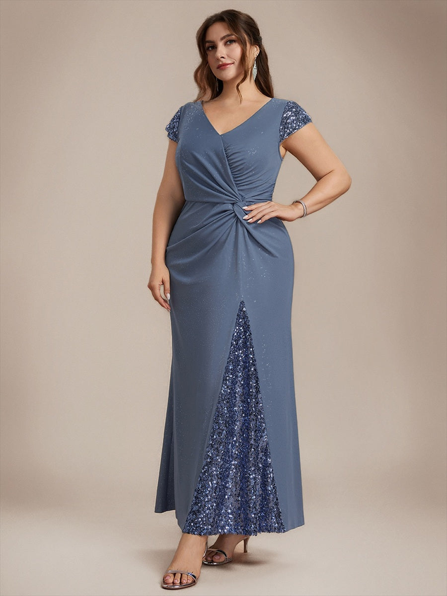 Bodenlanger V-Ausschnitt Bodycon Strickkleid Mit Geknotetem Pailletten Patchwork Glitzer Details Kleid #Farbe_Taubenblau