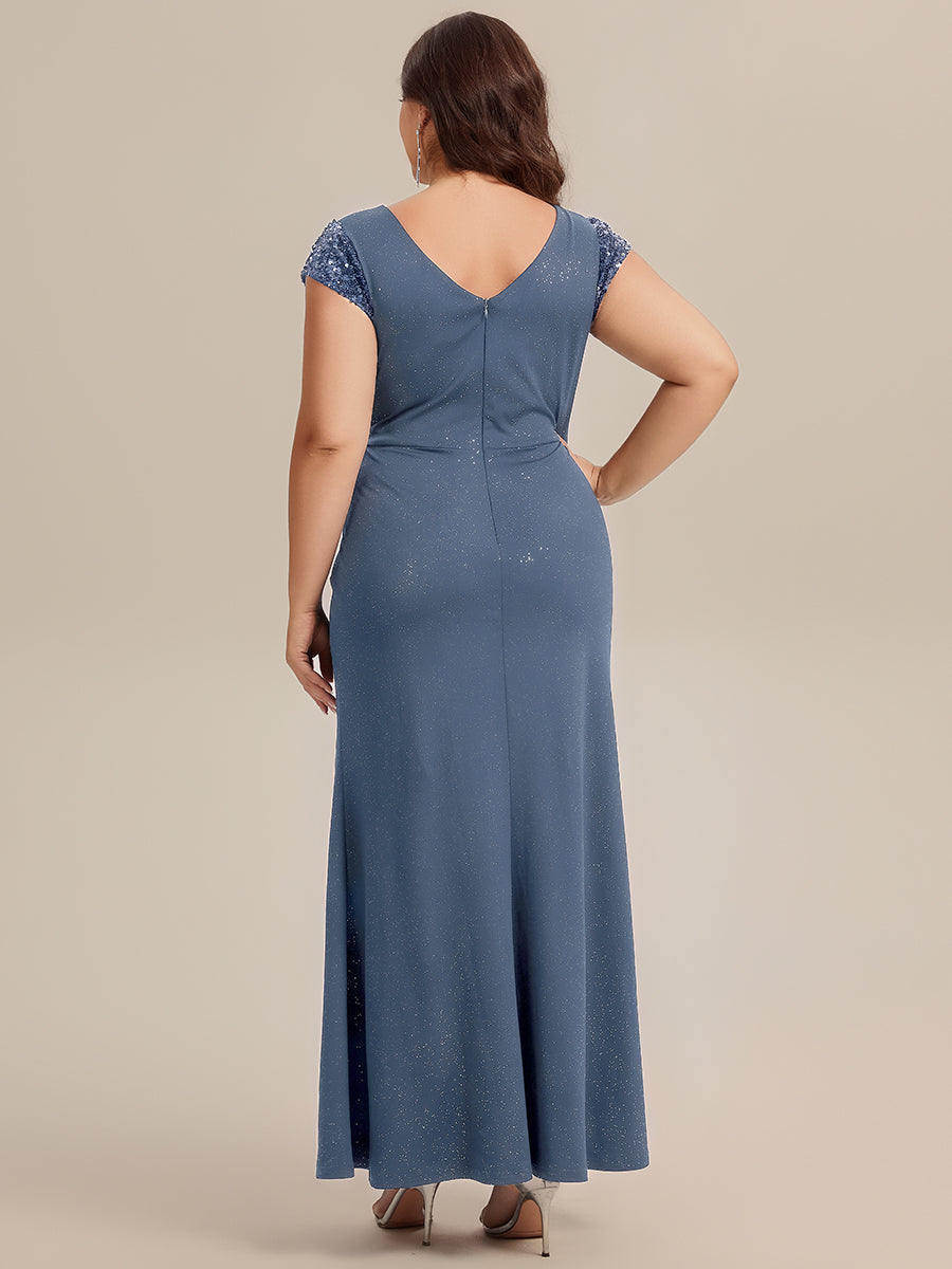 Bodenlanger V-Ausschnitt Bodycon Strickkleid Mit Geknotetem Pailletten Patchwork Glitzer Details Kleid #Farbe_Taubenblau