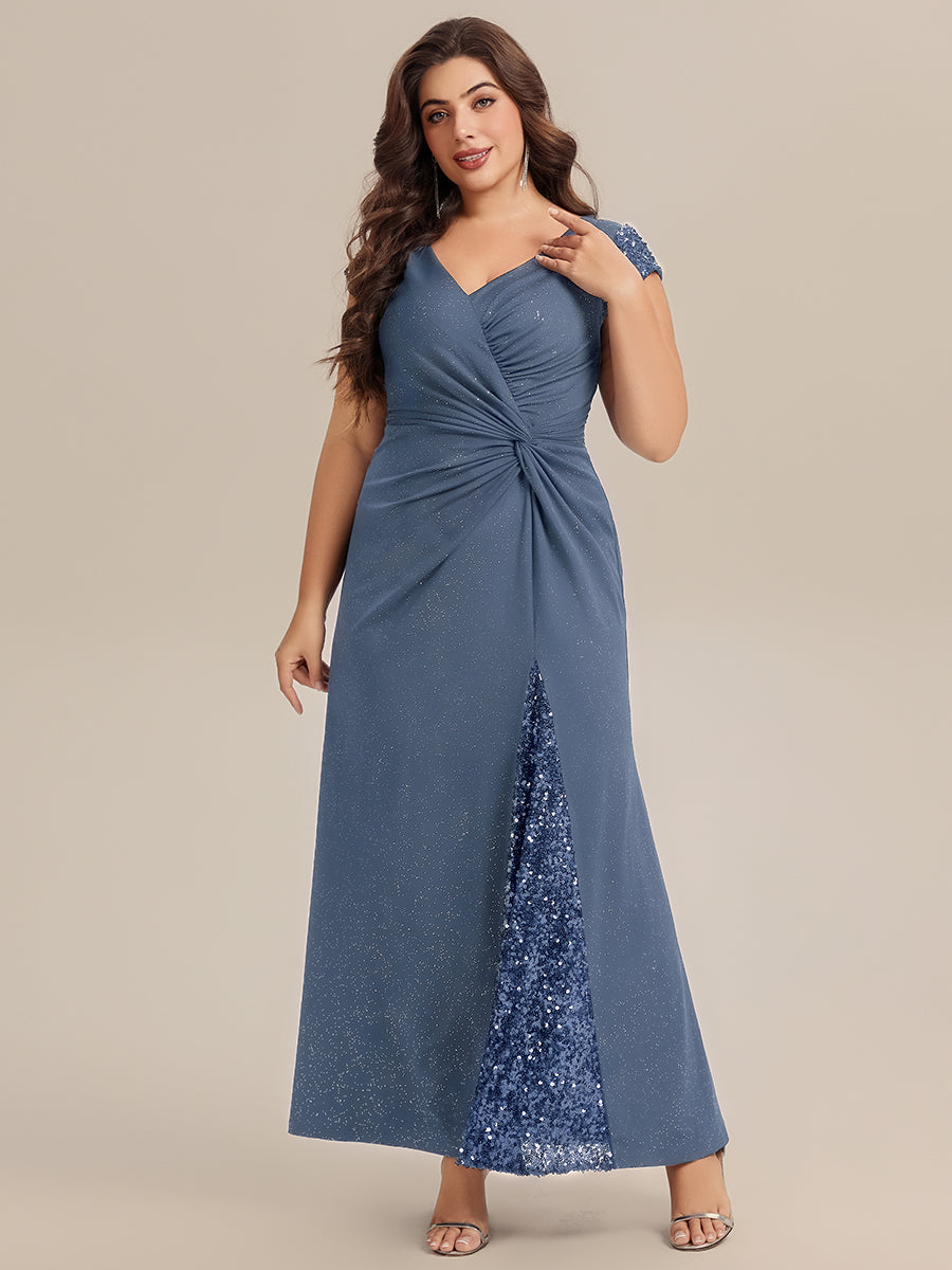 Bodenlanger V-Ausschnitt Bodycon Strickkleid Mit Geknotetem Pailletten Patchwork Glitzer Details Kleid #Farbe_Taubenblau