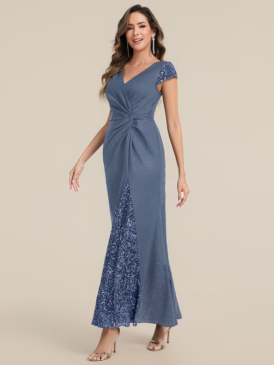 Bodenlanger V-Ausschnitt Bodycon Strickkleid Mit Geknotetem Pailletten Patchwork Glitzer Details Kleid #Farbe_Taubenblau