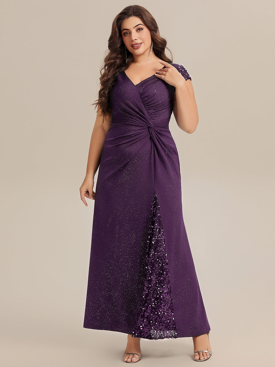 Bodenlanger V-Ausschnitt Bodycon Strickkleid Mit Geknotetem Pailletten Patchwork Glitzer Details Kleid #Farbe_Dunkelviolett
