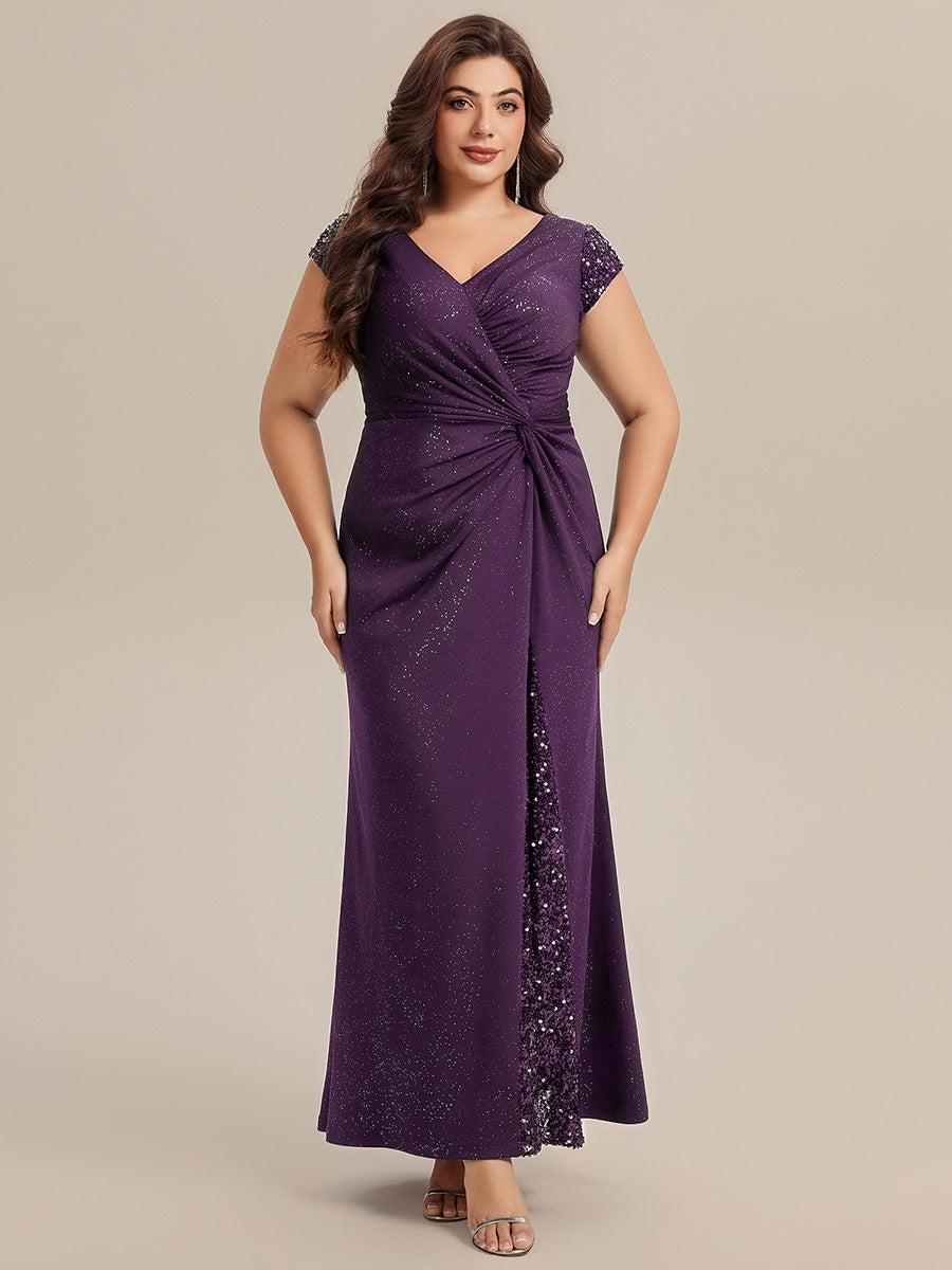 Bodenlanger V-Ausschnitt Bodycon Strickkleid Mit Geknotetem Pailletten Patchwork Glitzer Details Kleid #Farbe_Dunkelviolett