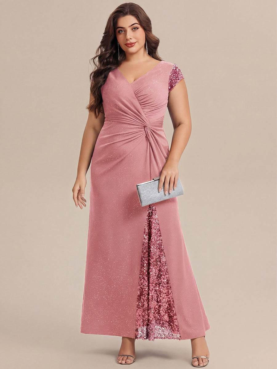 Bodenlanger V-Ausschnitt Bodycon Strickkleid Mit Geknotetem Pailletten Patchwork Glitzer Details Kleid #Farbe_Altrosa