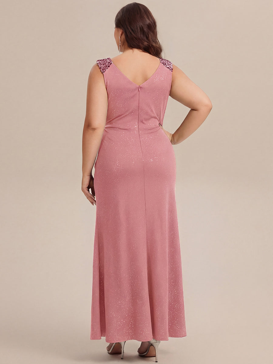 Bodenlanger V-Ausschnitt Bodycon Strickkleid Mit Geknotetem Pailletten Patchwork Glitzer Details Kleid #Farbe_Altrosa