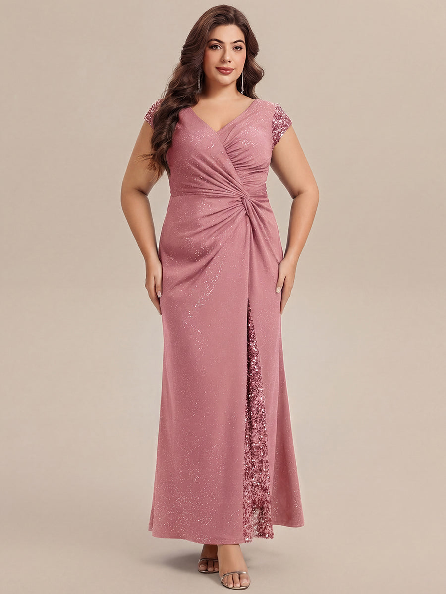 Bodenlanger V-Ausschnitt Bodycon Strickkleid Mit Geknotetem Pailletten Patchwork Glitzer Details Kleid #Farbe_Altrosa