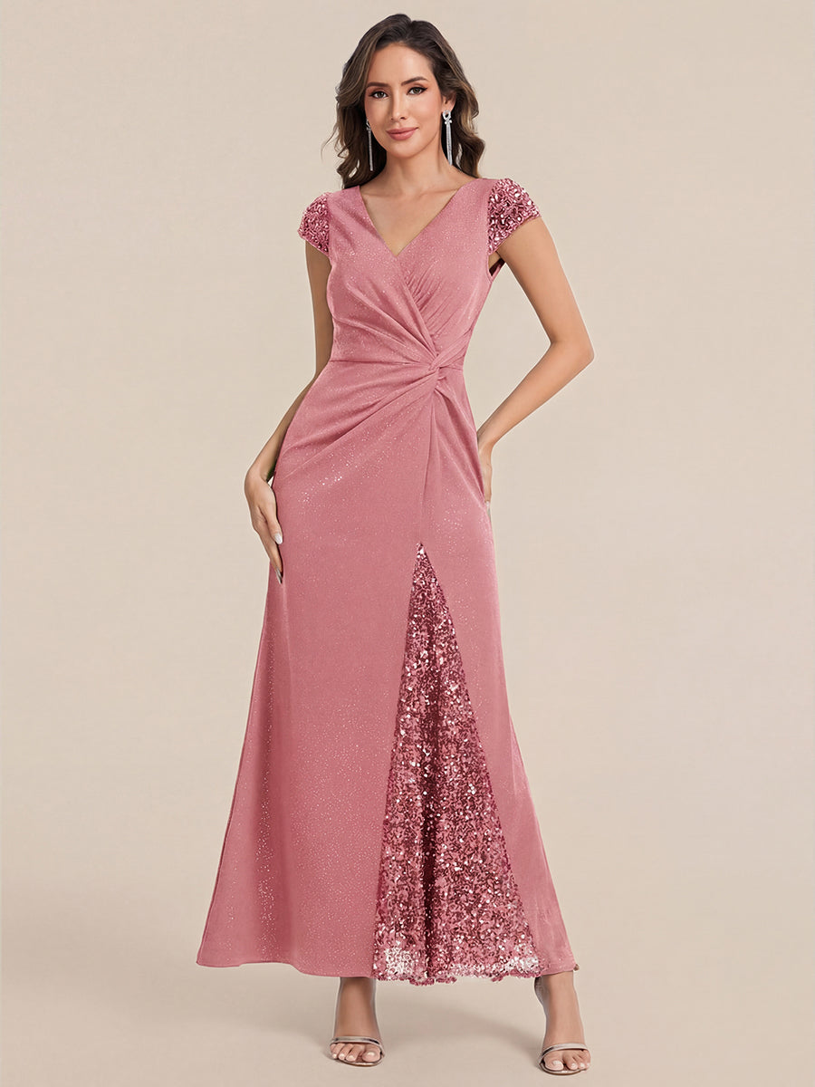 Bodenlanger V-Ausschnitt Bodycon Strickkleid Mit Geknotetem Pailletten Patchwork Glitzer Details Kleid #Farbe_Altrosa