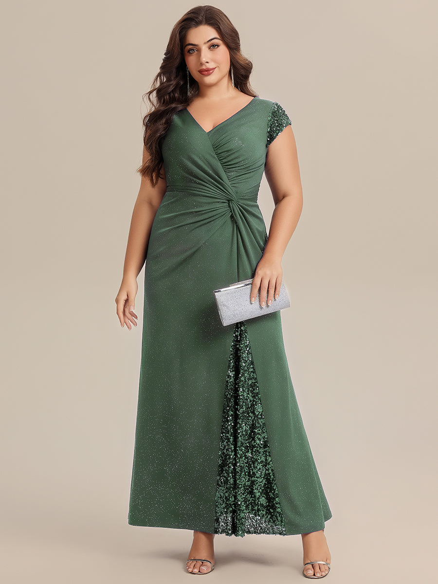 Bodenlanger V-Ausschnitt Bodycon Strickkleid Mit Geknotetem Pailletten Patchwork Glitzer Details Kleid #Farbe_Eukalyptus
