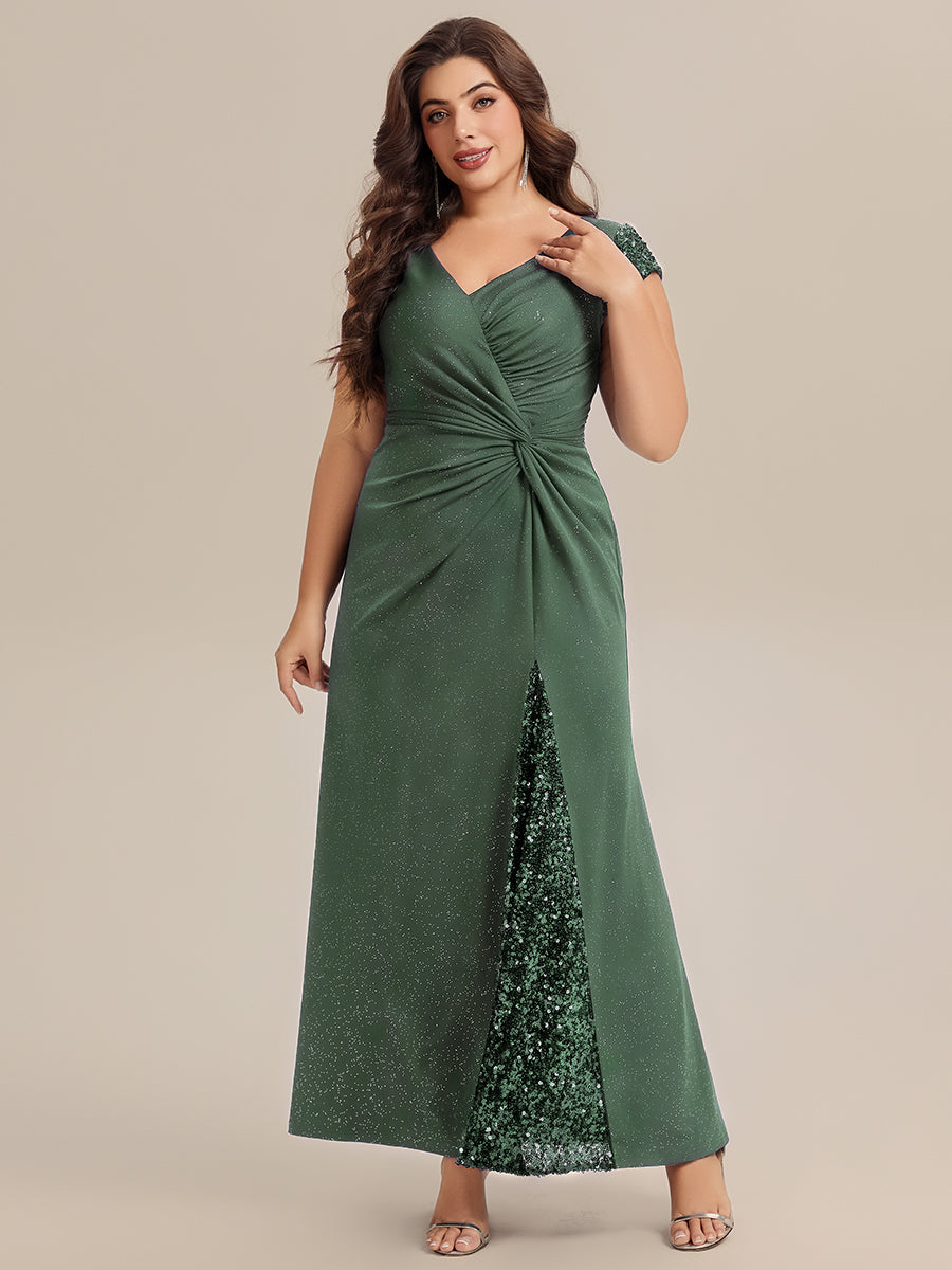 Bodenlanger V-Ausschnitt Bodycon Strickkleid Mit Geknotetem Pailletten Patchwork Glitzer Details Kleid #Farbe_Eukalyptus