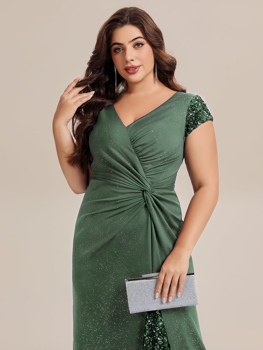 Bodenlanger V-Ausschnitt Bodycon Strickkleid Mit Geknotetem Pailletten Patchwork Glitzer Details Kleid #Farbe_Eukalyptus