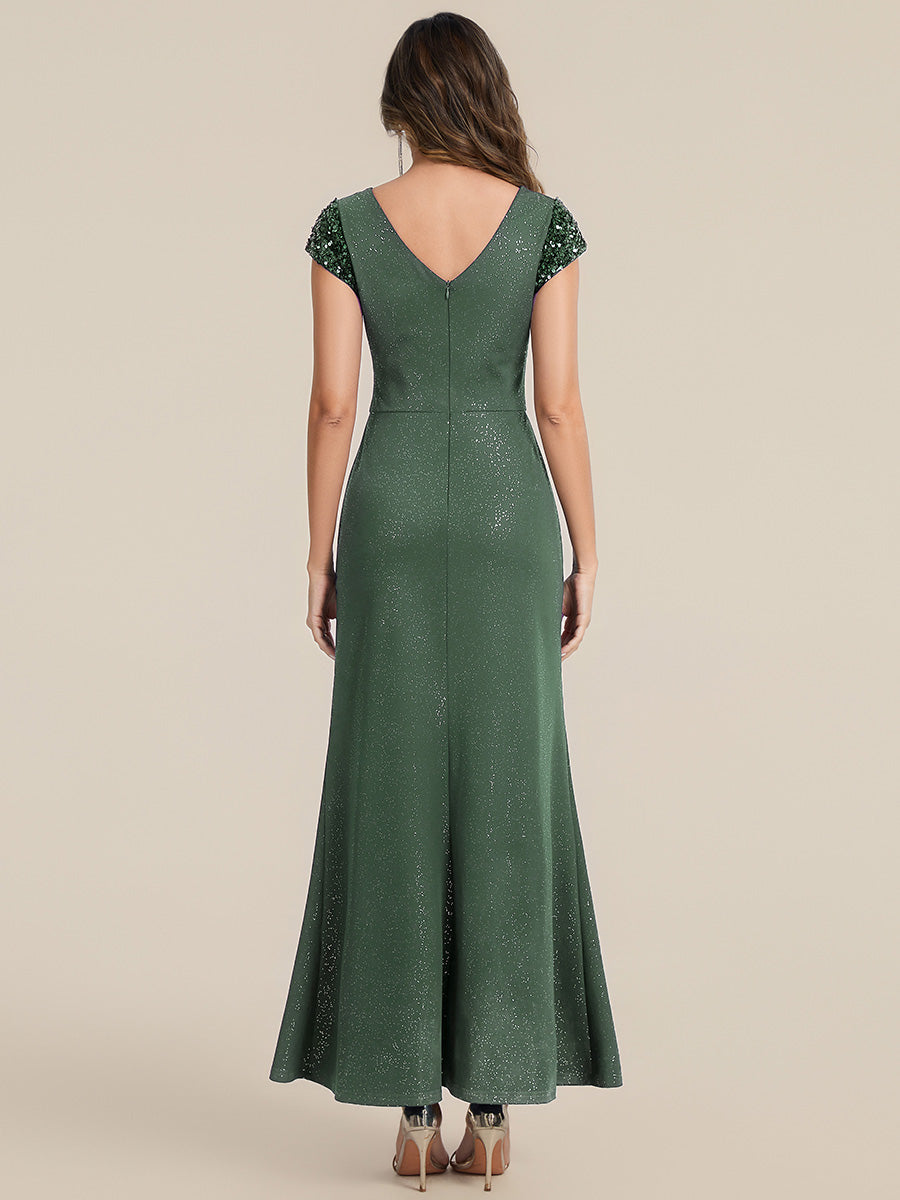 Bodenlanger V-Ausschnitt Bodycon Strickkleid Mit Geknotetem Pailletten Patchwork Glitzer Details Kleid #Farbe_Eukalyptus
