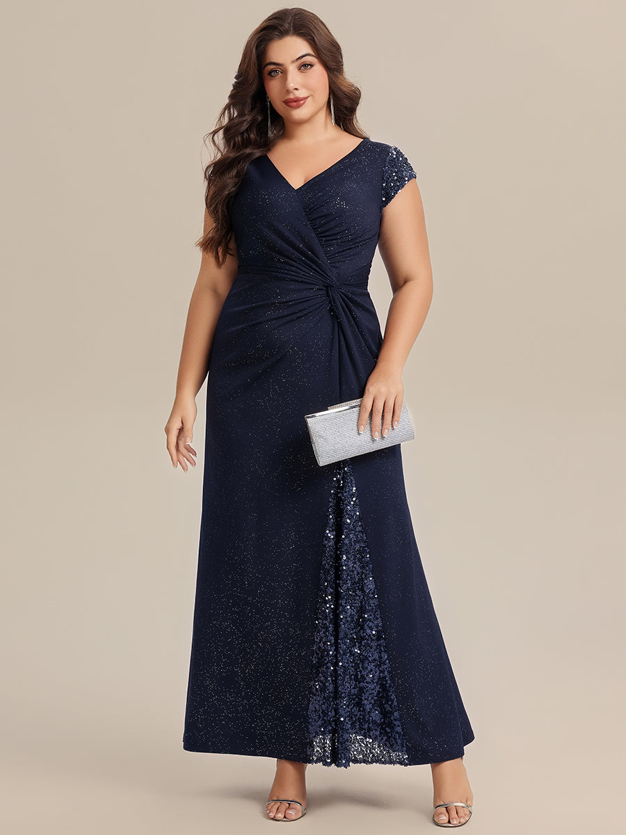 Bodenlanger V-Ausschnitt Bodycon Strickkleid Mit Geknotetem Pailletten Patchwork Glitzer Details Kleid #Farbe_Marineblau
