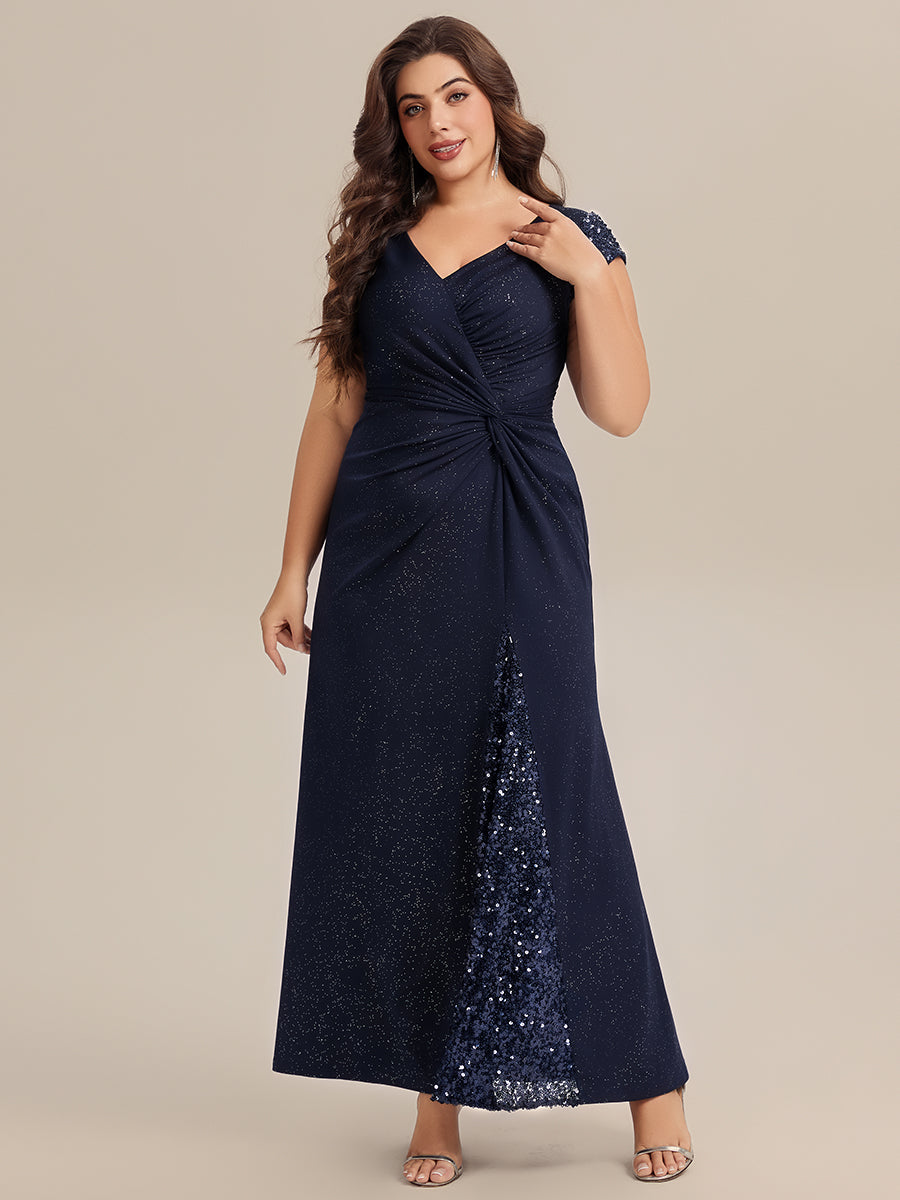 Bodenlanger V-Ausschnitt Bodycon Strickkleid Mit Geknotetem Pailletten Patchwork Glitzer Details Kleid #Farbe_Marineblau