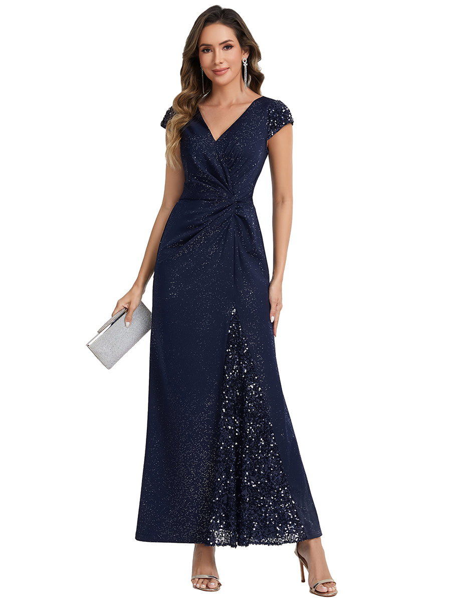 Bodenlanger V-Ausschnitt Bodycon Strickkleid Mit Geknotetem Pailletten Patchwork Glitzer Details Kleid #Farbe_Marineblau