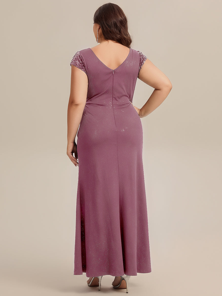 Bodenlanger V-Ausschnitt Bodycon Strickkleid Mit Geknotetem Pailletten Patchwork Glitzer Details Kleid #Farbe_Orchideenviolett