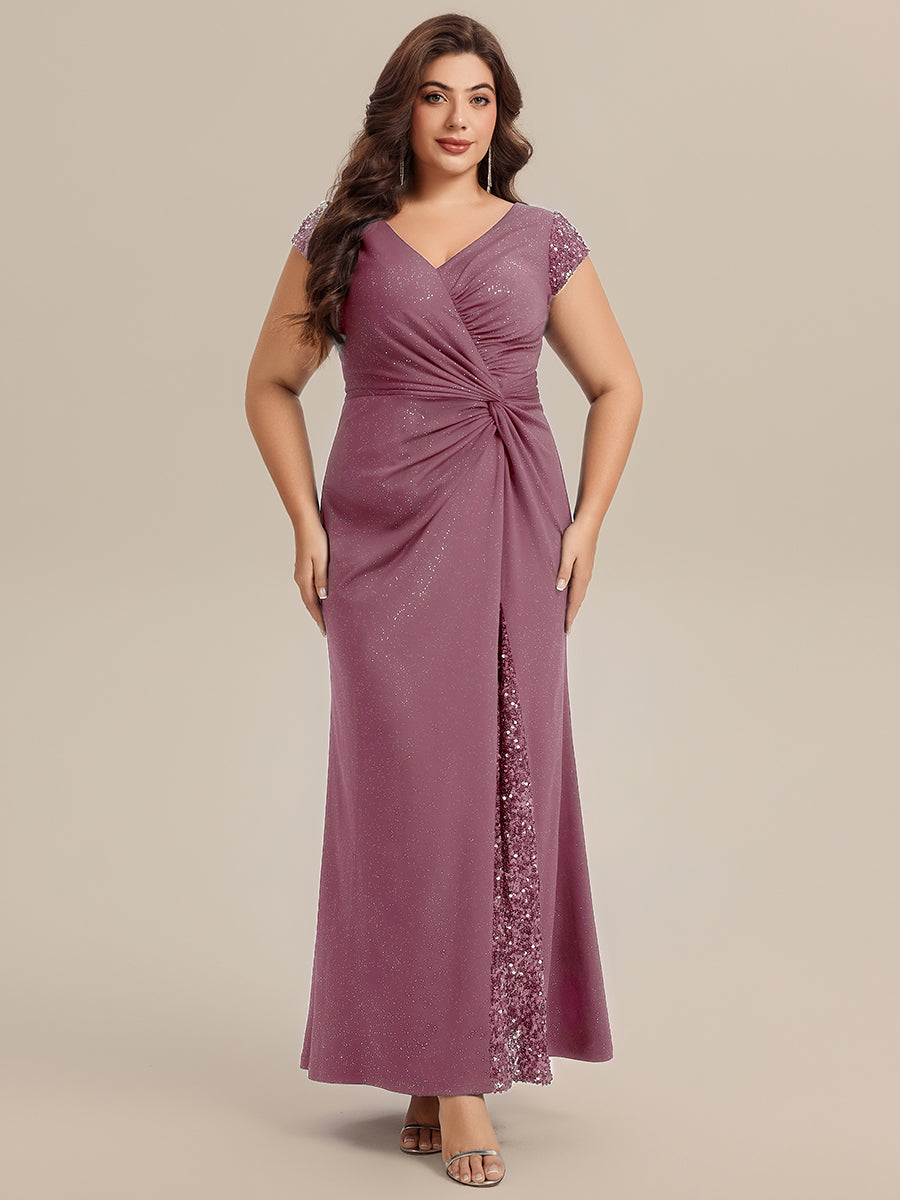 Bodenlanger V-Ausschnitt Bodycon Strickkleid Mit Geknotetem Pailletten Patchwork Glitzer Details Kleid #Farbe_Orchideenviolett